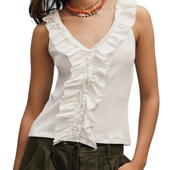Anthropology Pilcro Top Women’s White V-Neck Ruffle Front Tank Top size Large - Picture 10 of 10